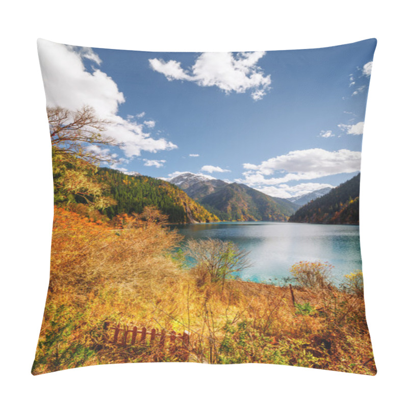 Personality  Amazing View Of The Long Lake Among Fall Woods And Mountains Pillow Covers