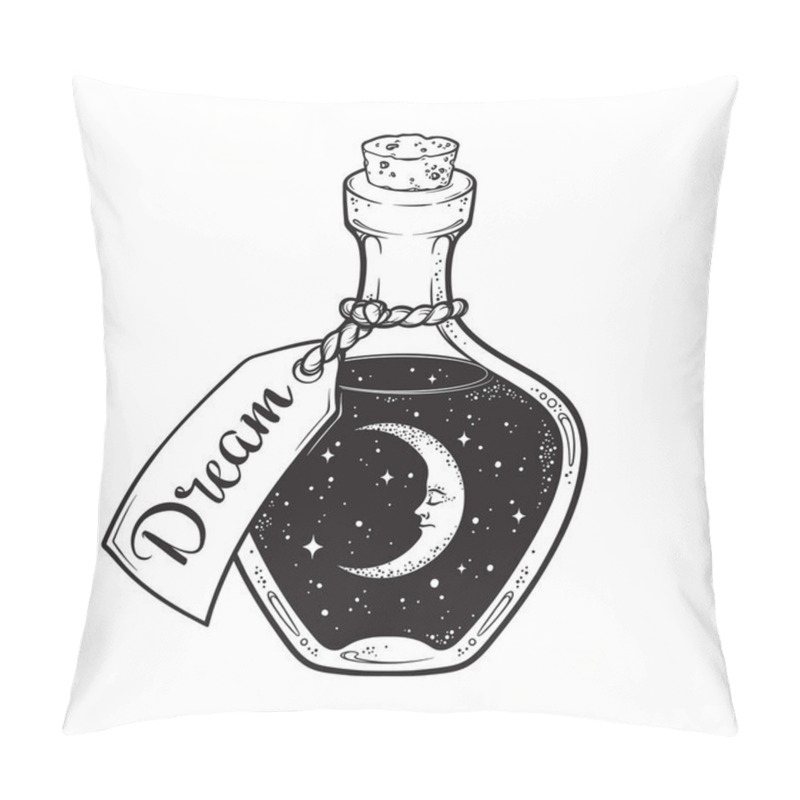 Personality  Hand Drawn Dream In Bottle Or Wish Jar With Crescent Moon And Stars Isolated. Sticker, Print Or Tattoo Design Vector Illustration Pillow Covers