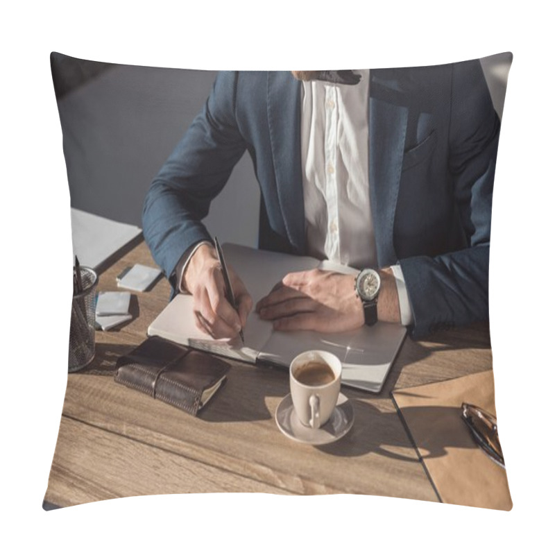 Personality  Cropped Shot Of Businessman Writing In Diary While Sitting At Table  Pillow Covers