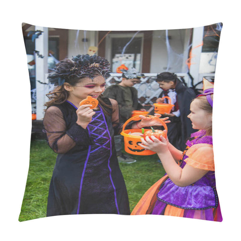 Personality  Smiling Kid In Halloween Costume Holding Candy And Bucket Near Friend In Backyard  Pillow Covers