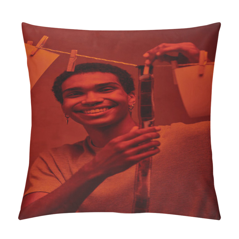 Personality  Happy African American Man Hanging Freshly Developed Film Strip  In A Red-lit Darkroom, Nostalgia Pillow Covers