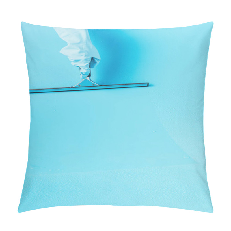 Personality  Cropped Image Of Woman In Rubber Glove Cleaning Floor By Squeegee, Blue Background Pillow Covers