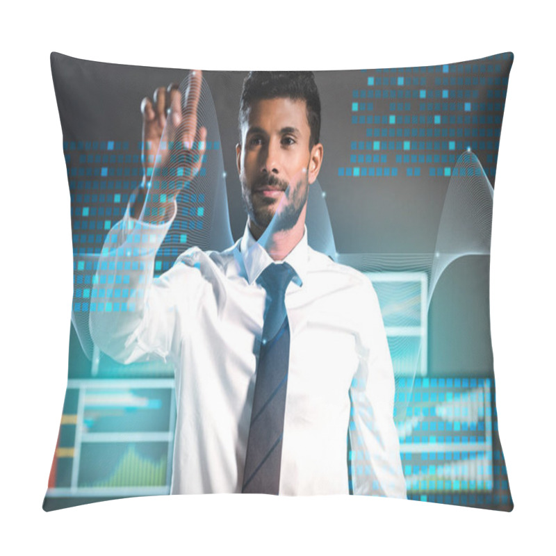 Personality  Selective Focus Of Bi-racial Trader Pointing With Finger Near Computers On Background  Pillow Covers