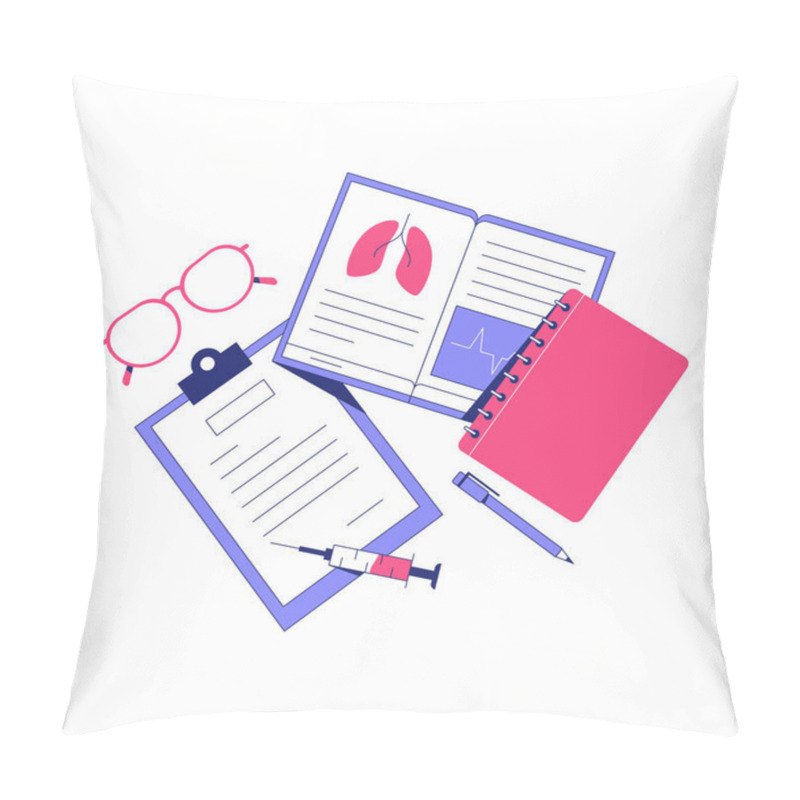 Personality  Open Notebook Displays A Diagram Of Lungs And A Heartbeat Graph, Accompanied By A Syringe, Clipboard, And Pen, Symbolizing Health Education And Medical Study. Pillow Covers