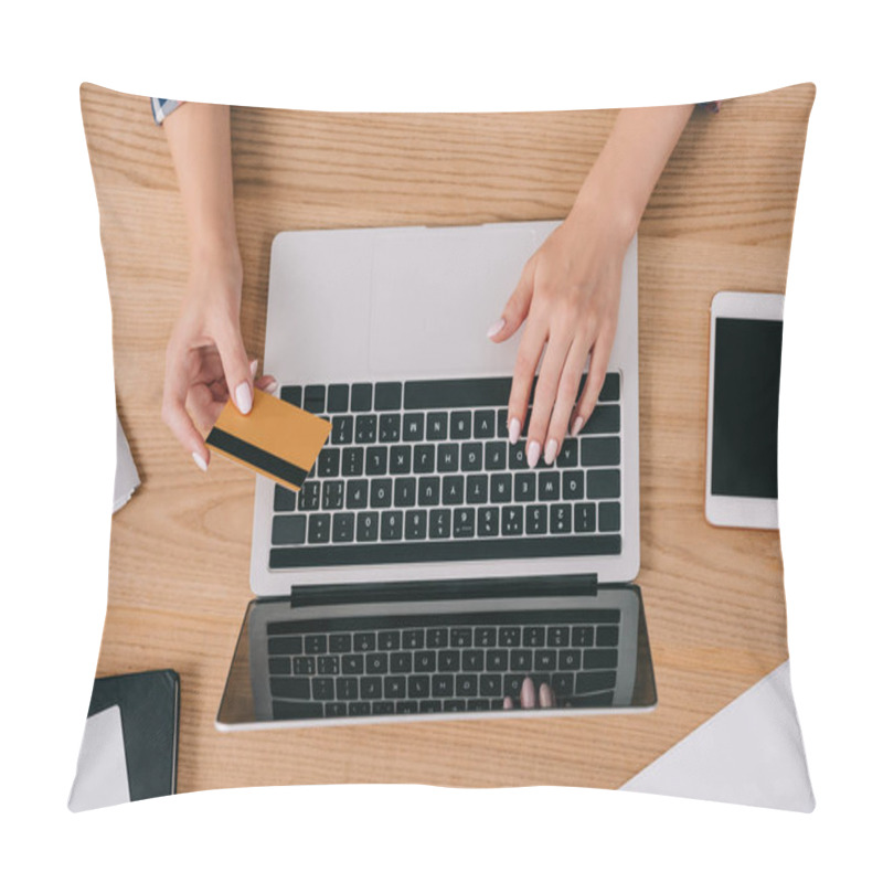 Personality  Partial View Of Woman With Credit Card Making Purchase Online At Wooden Tabletop Pillow Covers