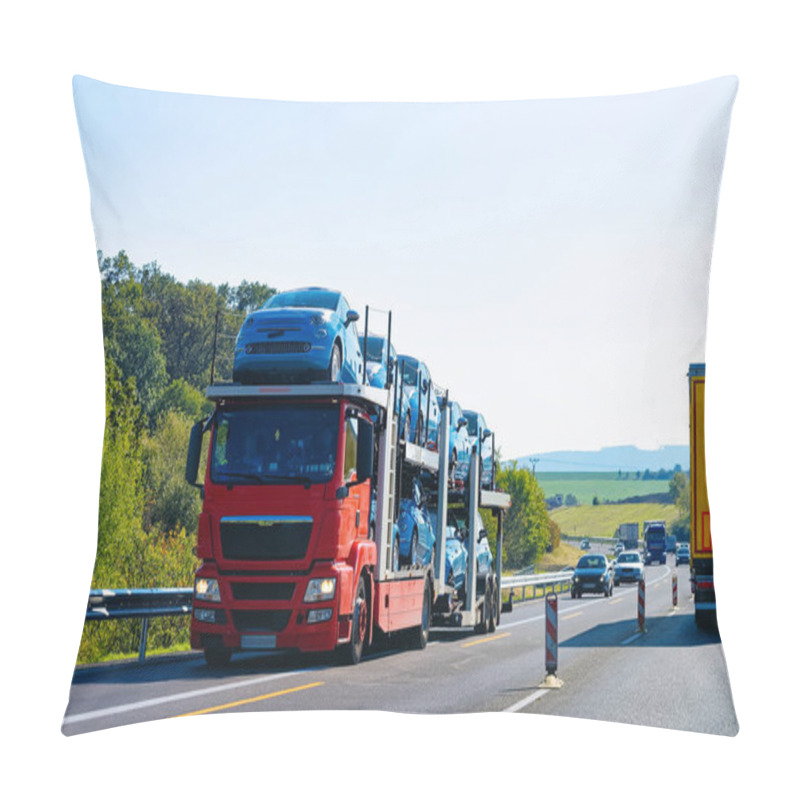 Personality  Cars Carrier Truck On The Asphalt Road, Poland. Truck Transporter Pillow Covers