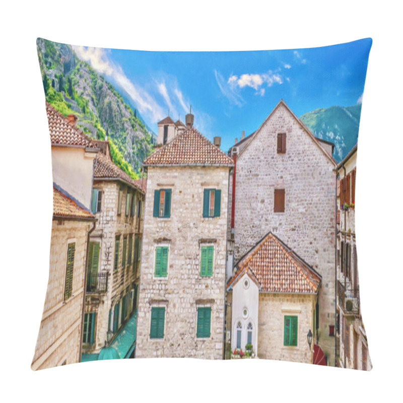 Personality  The Quaint, Picturesque Architectural Style Of The Old Town In Kotor, Montenegro, With Traditional Stone Buildings And Painted Shuttered Windows. Pillow Covers