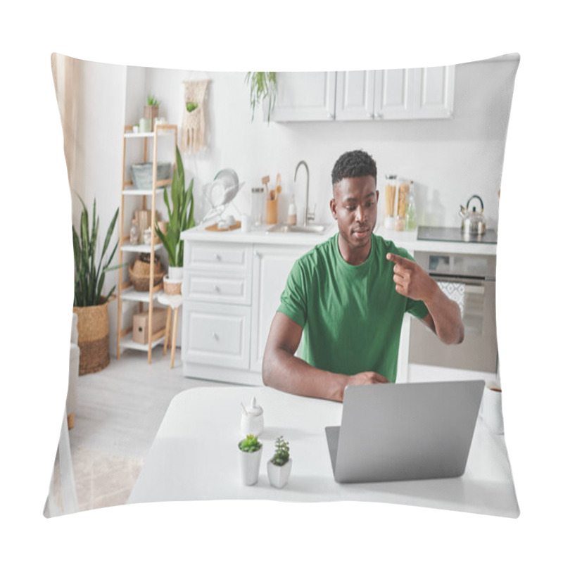 Personality  Deaf African American Man In Green T-shirt Using Sign Language For Online Communication On Laptop Pillow Covers