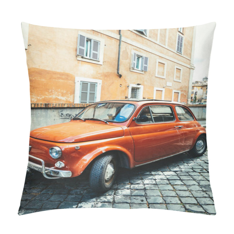 Personality  Rome, Italy. June 10, 2020: Old Compact Italian Car Fiat 500 Cinquecento Parked In The Historic Center Of Rome In Italy. Orange Color, Paving With Cobblestones. Pillow Covers