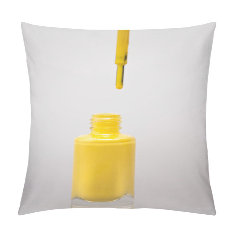 Personality  Bottle With Yellow Nail Polish And Brush On Grey Background  Pillow Covers