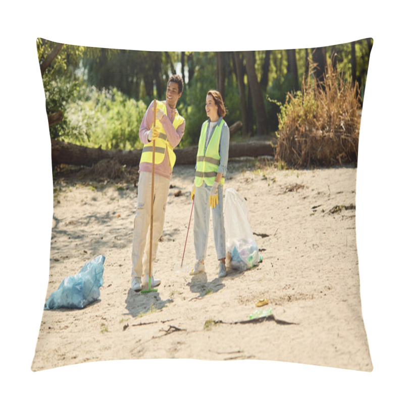 Personality  A Socially Active Couple In Safety Vests And Gloves Clean The Sandy Beach Together, Ensuring A Safer Environment For All. Pillow Covers