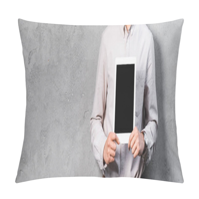 Personality  Panoramic Shot Of Seo Manager Holding Digital Tablet With Copy Space  Pillow Covers