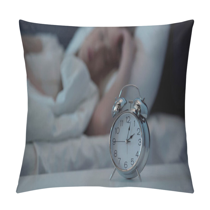 Personality  Alarm Clock On Bedside Table Near Blurred Woman Lying In Bedroom At Night  Pillow Covers