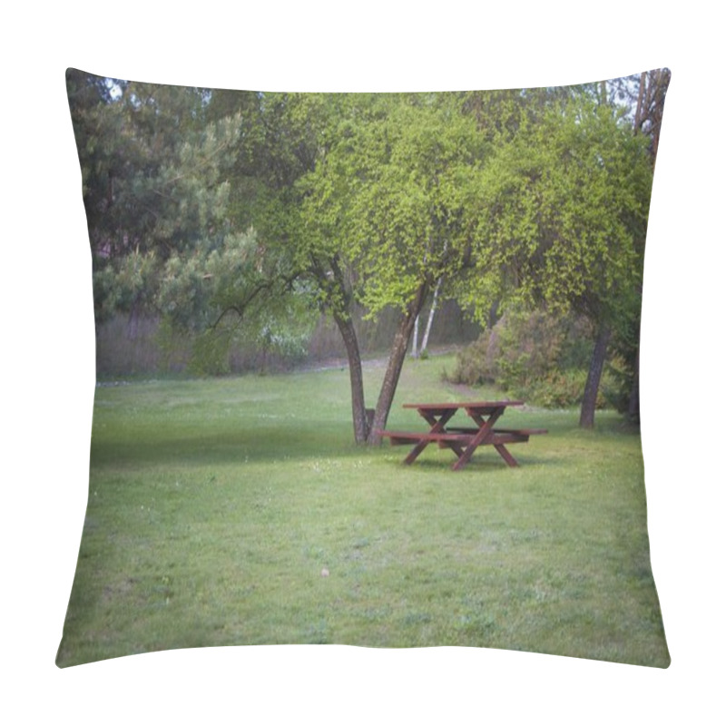 Personality  Bench With Table Under The Tree In Summer Day. Pillow Covers