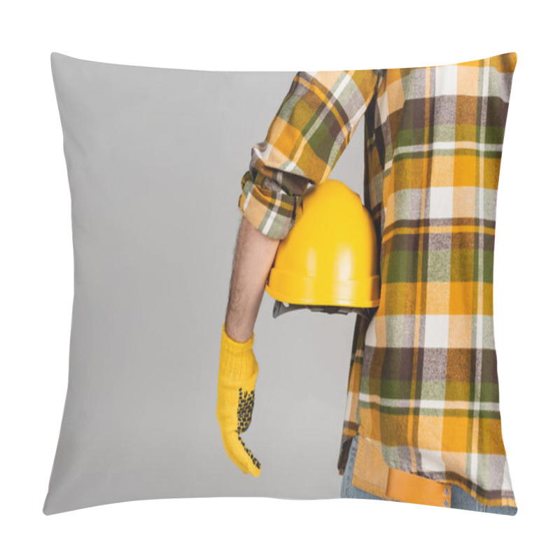 Personality  Back View Of Builder With Hardhat Isolated On Grey, Labor Day Concept Pillow Covers