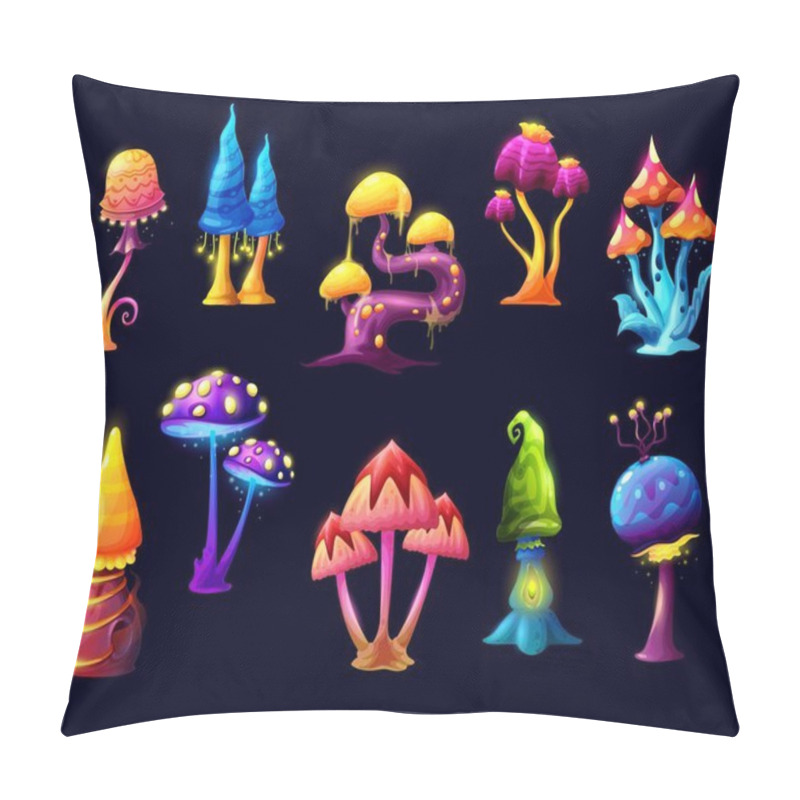 Personality  Fairy Fantasy Cartoon Mushrooms Or Luminous Toadstools Of Witch Forest. Fairy Ale Magic Mushrooms With Blue Neon, Yellow And Green Caps With Sparkling Toxic Spores And Glowing Light. Vector Game Asset Pillow Covers