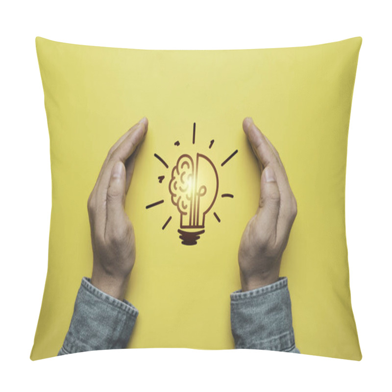 Personality  Two Hand Protect Glowing Lightbulb On Yellow Background For  Prevent Patent And Idea Of Problem Solving Solution And Creative Thinking Concept. Pillow Covers