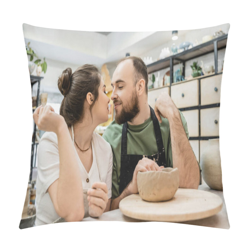 Personality  Smiling Couple Of Potters In Aprons Kissing While Sitting Near Clay In Ceramic Workshop Pillow Covers