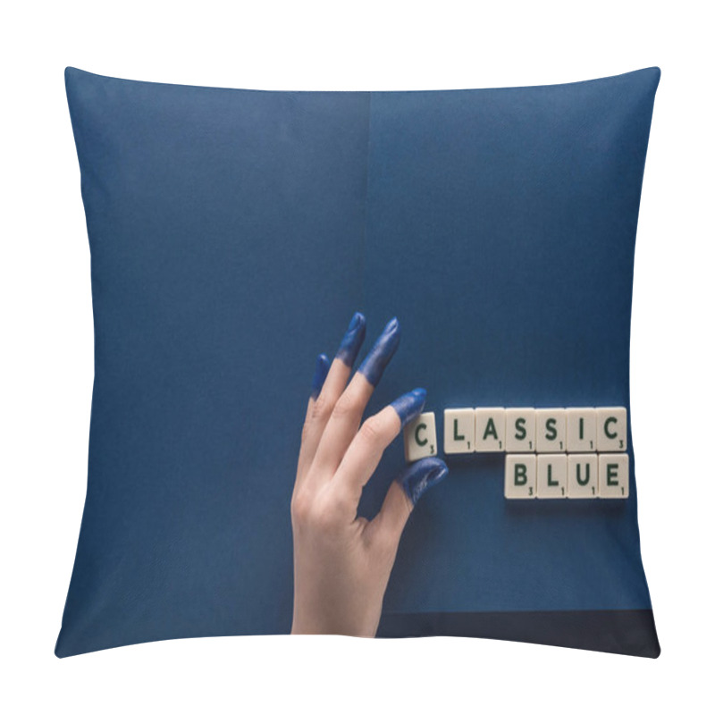 Personality  Cropped View Of Woman With Painted Fingers Near Classic Blue Lettering On Cubes On Blue Background Pillow Covers