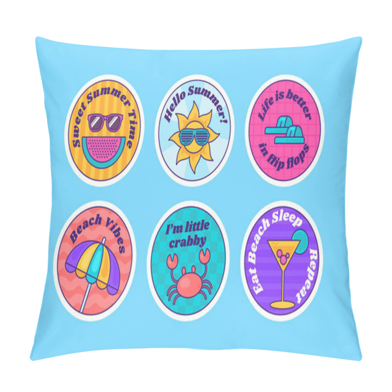 Personality  Vacation Round Stickers Decal With Summer Time Elements. Juicy Watermelon, Sun In Glasses, Beach Holiday, Marine Life, Cocktail Bar And Title Inscription. Festive Badge Emblem. Color Vector Collection Pillow Covers