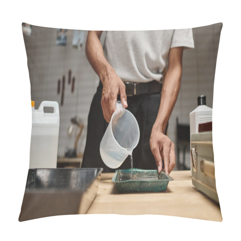 Personality  Meticulous Process Of Film Development, Crop African American Man Pouring Chemical Solution In Tray Pillow Covers