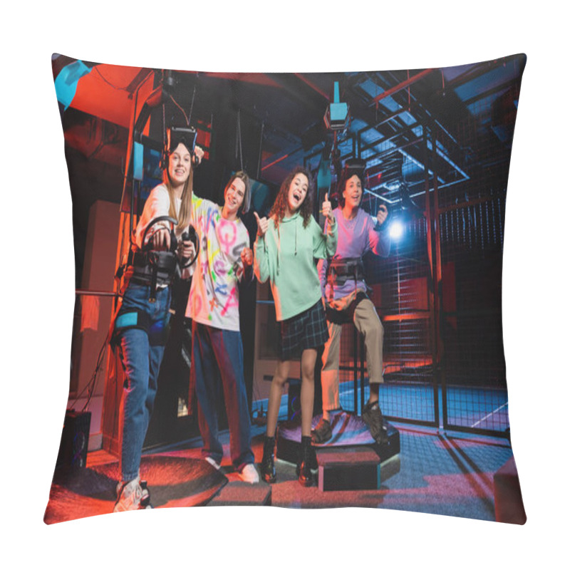 Personality  Cheerful Multicultural Friends Showing Thumbs Up While Having Fun In Vr Play Room Pillow Covers