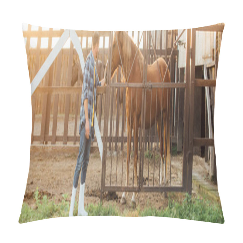 Personality  Panoramic Concept Of Rancher In Plaid Shirt And Rubber Boots Touching Brown Horse In Corral Pillow Covers