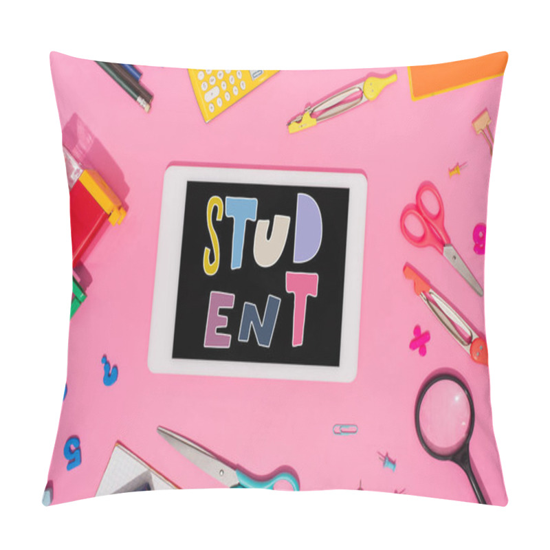 Personality  Top View Of Digital Tablet With Student Lettering On Screen Near School Stationery On Pink  Pillow Covers