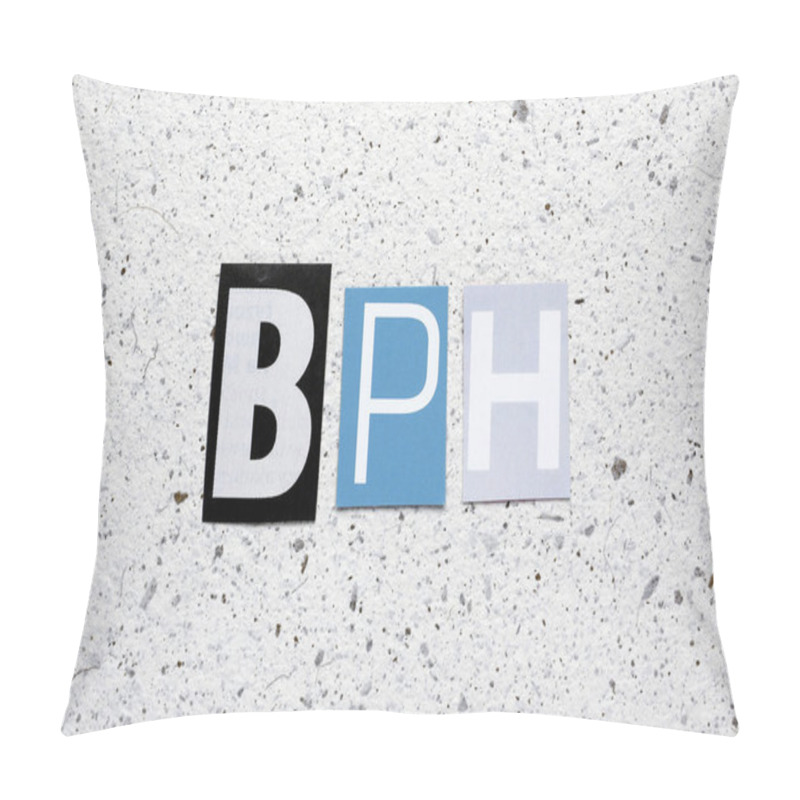 Personality  BPH (Benign Prostatic Hyperplasia) Acronym Cut From Newspaper On White Handmade Paper Texture Pillow Covers