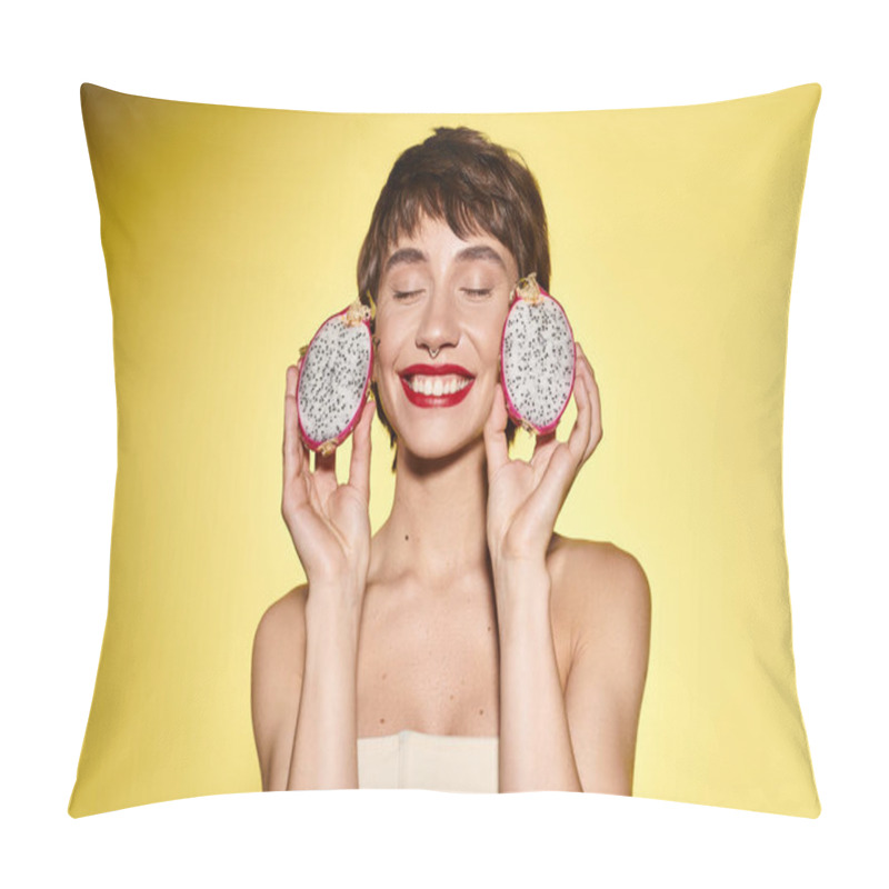 Personality  Young Woman Playfully Holds Two Donuts In Front Of Her Face. Pillow Covers