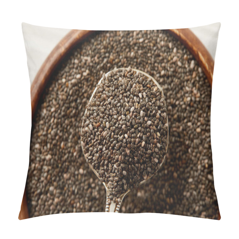 Personality  Close Up View Of Chia Seeds In Spoon And Wooden Bowl Pillow Covers