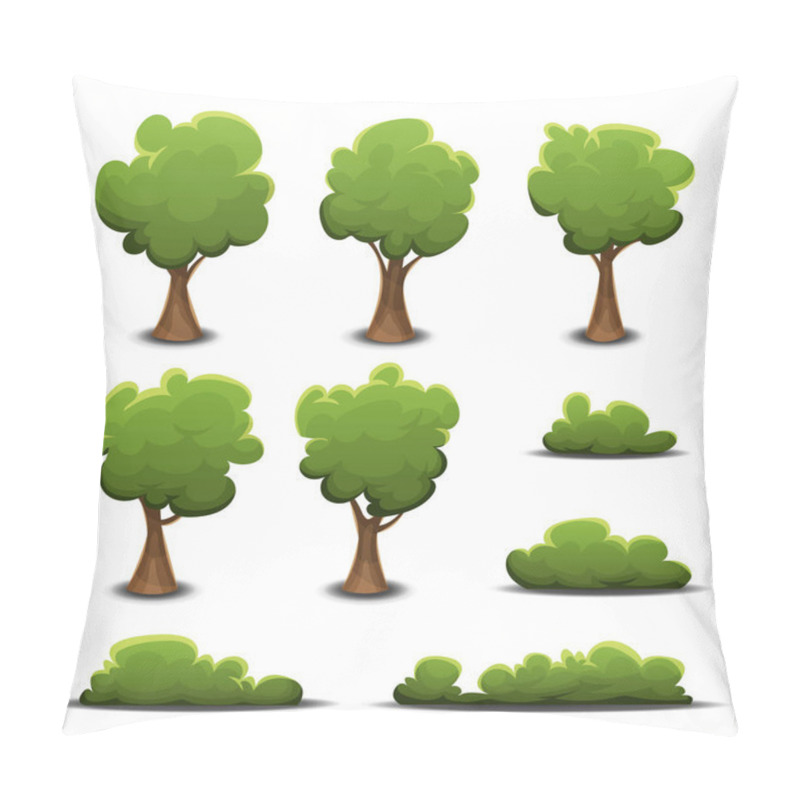 Personality  Set Of Cartoon Design Green Forest Trees And Bushes On White Background Pillow Covers