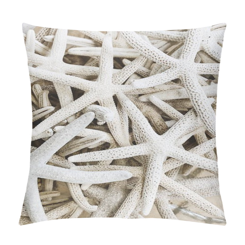 Personality  Travel And Summer Concept. Beautiful Marine White Five-finger Starfishes. Exotic Texture And Pattern. Flat Lay, Top View. Pillow Covers