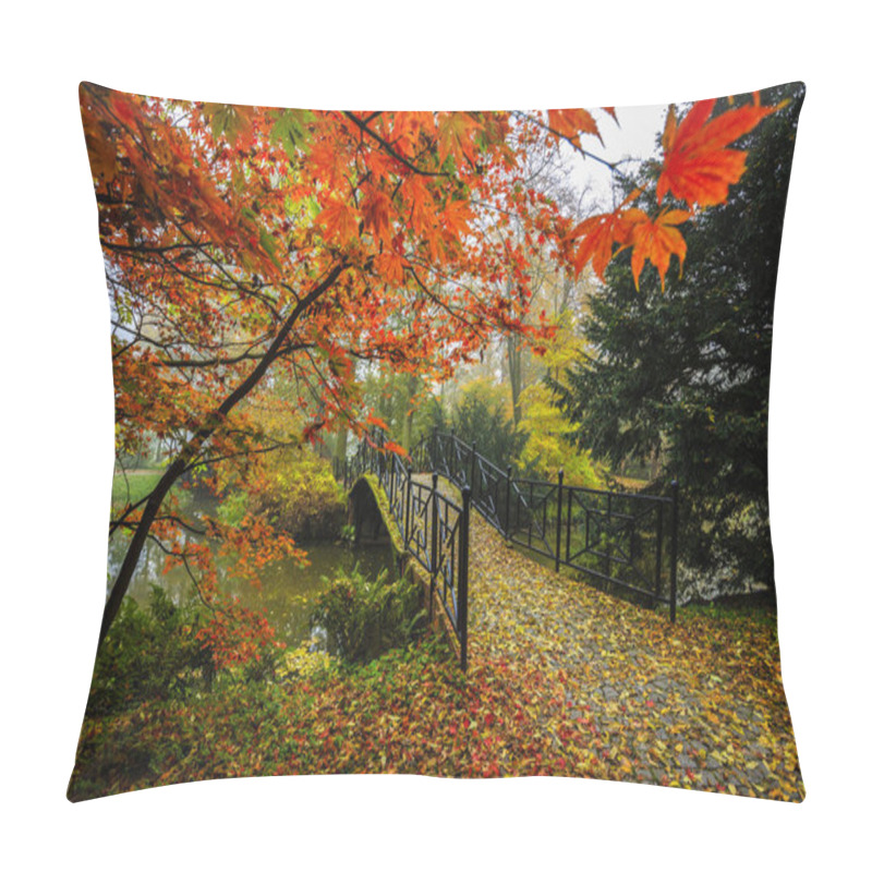 Personality  Scenic View Of Misty Autumn Landscape With Beautiful Old Bridge  Pillow Covers