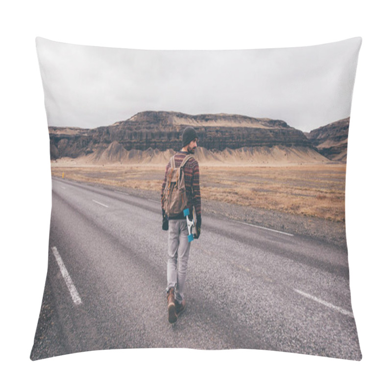 Personality  Skater Traveling Iceland On His Longboard Pillow Covers