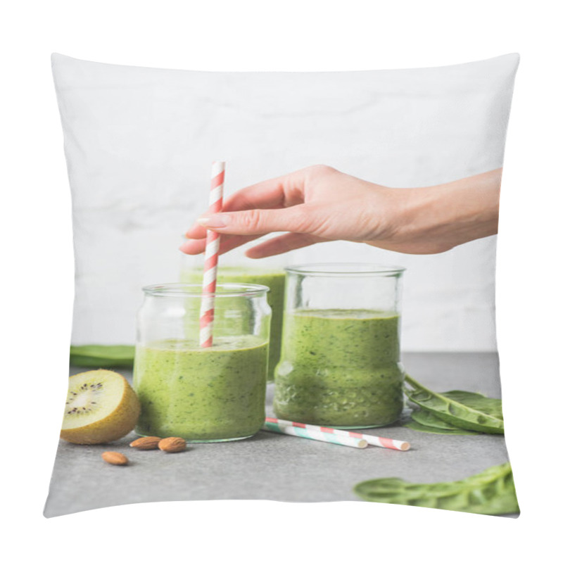 Personality  Female Hand Holding Straw In Glass With Green Smoothie Pillow Covers