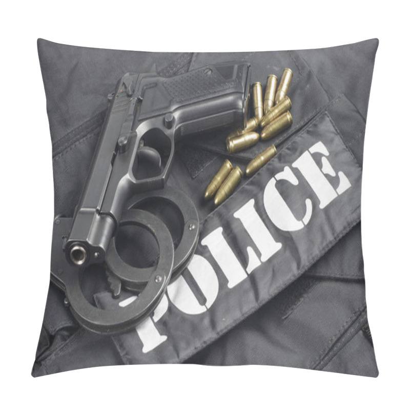 Personality  Police Concept - Handgun On Black Uniform Background Pillow Covers