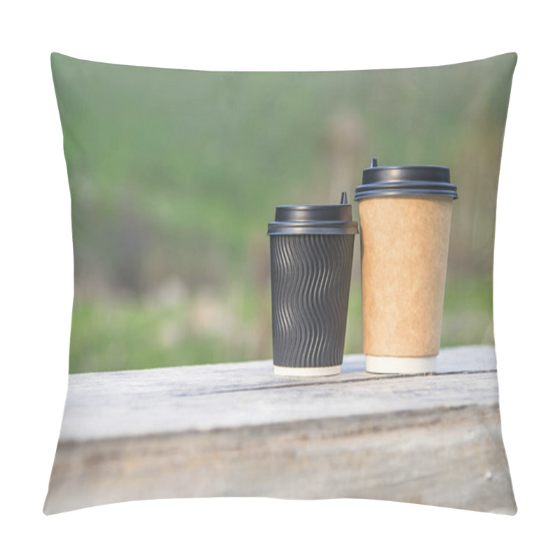 Personality  Close-up A Couple Paper Cups Of Coffee On Natural Background On A Wooden Log Bench. For A Coffee Shop. Pillow Covers