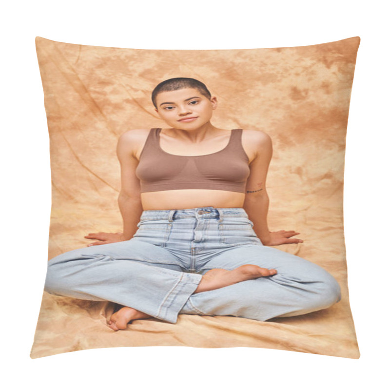 Personality  Body Positivity, Casual Attire, Curvy Young And Tattooed Woman In Jeans And Crop Top Sitting With Crossed Legs On Mottled Beige Background, Personal Style, Self-acceptance, Generation Z  Pillow Covers