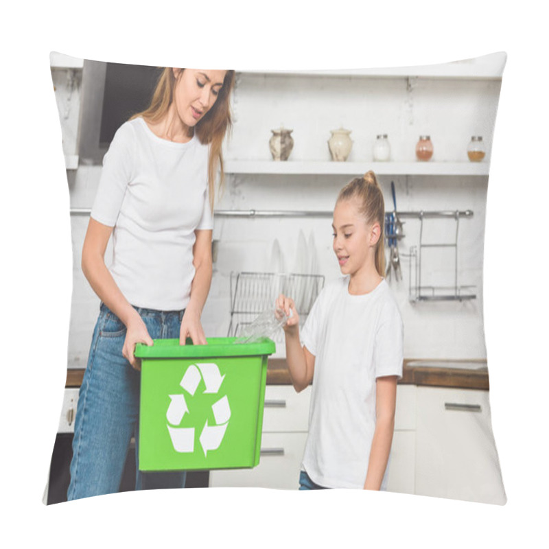 Personality  Mother And Daughter Putting Empty Plastic Bottles At Green Recycle Box Together Pillow Covers