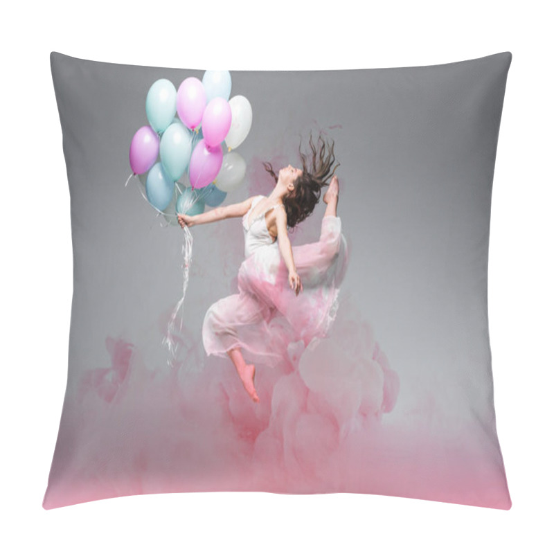 Personality  Beautiful Ballerina Dancing With Festive Balloons Near Pink Smoke Splashes On Grey Background Pillow Covers