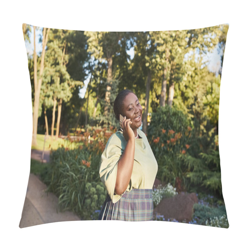 Personality  A Plus-size African American Woman In Casual Attire Enjoying A Phone Conversation While Surrounded By Nature In A Sunny Park. Pillow Covers