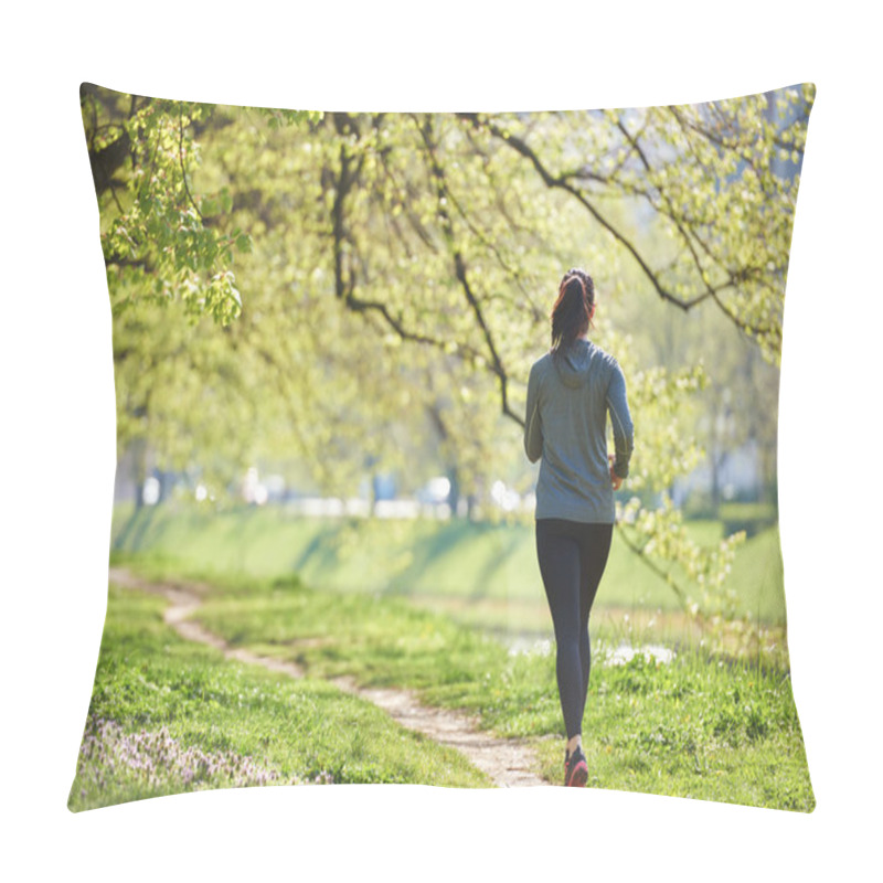 Personality  Woman Jogging In Park At Morning Pillow Covers