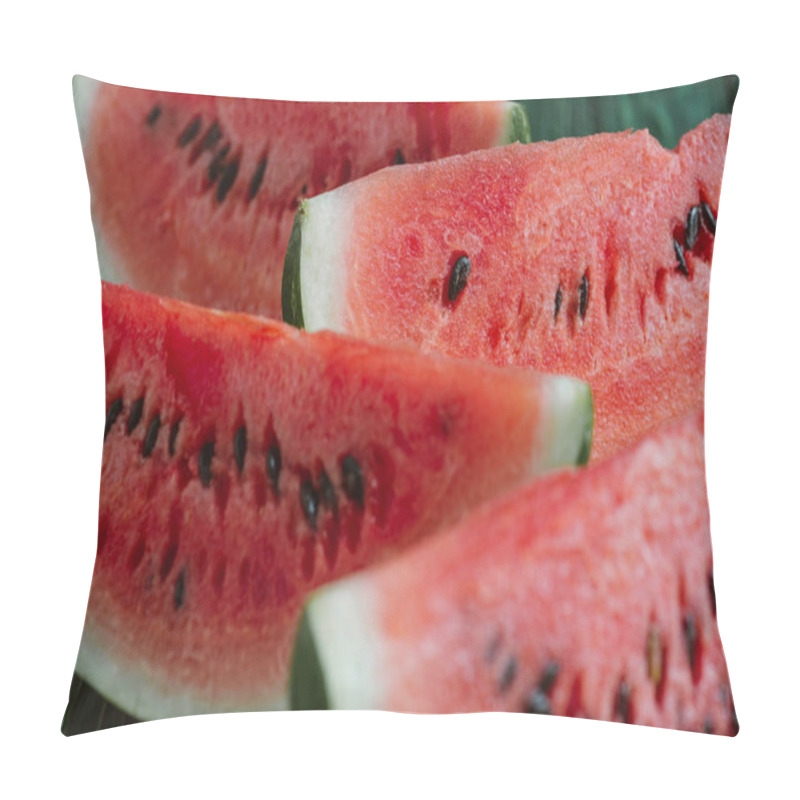 Personality  Close Up View Of Watermelon Slices On Green Wooden Surface Pillow Covers