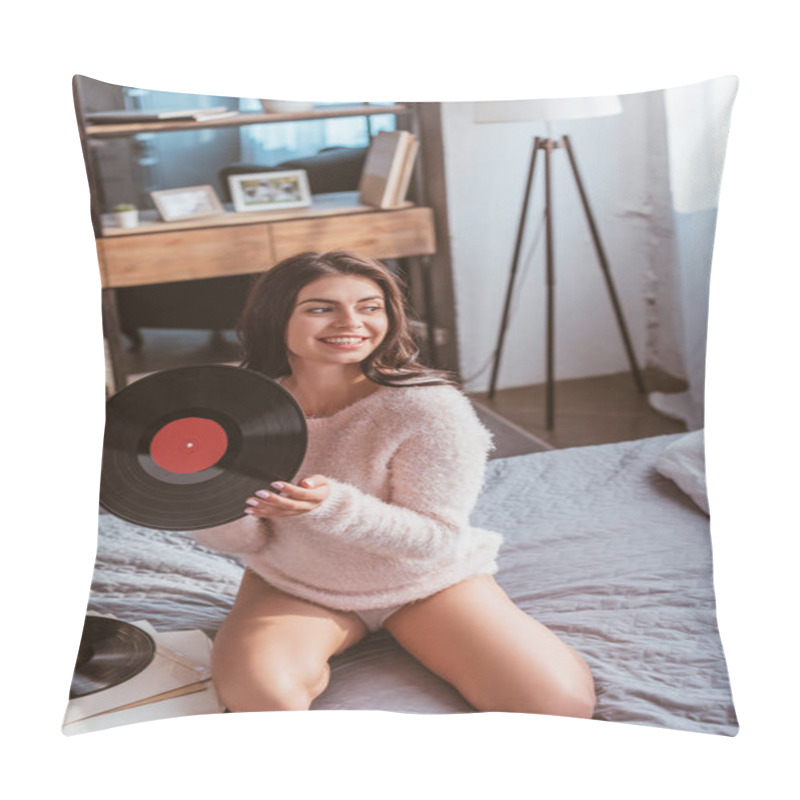 Personality  Happy Pretty Girl Holding Vinyl Record Near Phonograph And Sitting On Bed At Home Pillow Covers