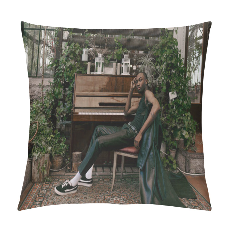 Personality  Handsome Man In Sophisticated Attire Sits Next To A Grand Piano In A Vibrant Green Garden. Pillow Covers