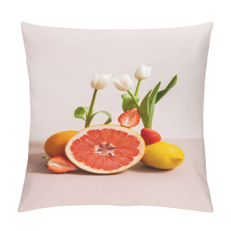 Personality  Floral And Fruit Composition With Tulips And Summer Fruits Isolated On Beige Pillow Covers