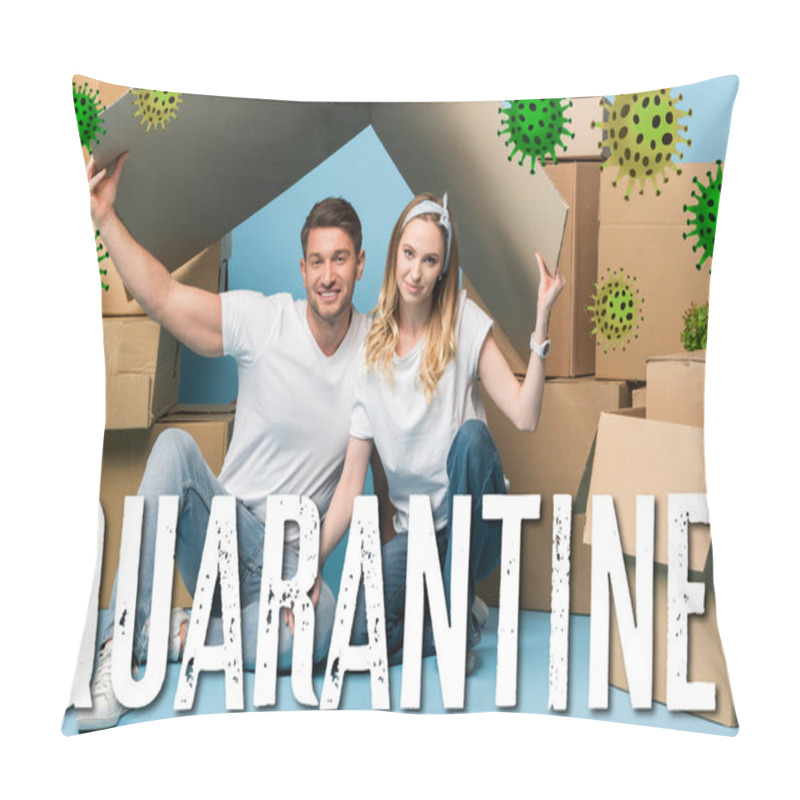 Personality  Beautiful Couple Holding Carton Roof Over Heads While Sitting On Blue With Cardboard Boxes For Relocation, Quarantine And Bacteria Illustration  Pillow Covers