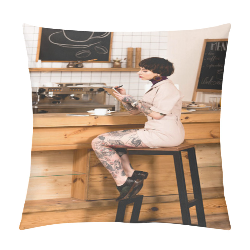 Personality  Fashionable, Tattooed Businesswoman Sitting At Bar Counter And Writing In Notebook Pillow Covers