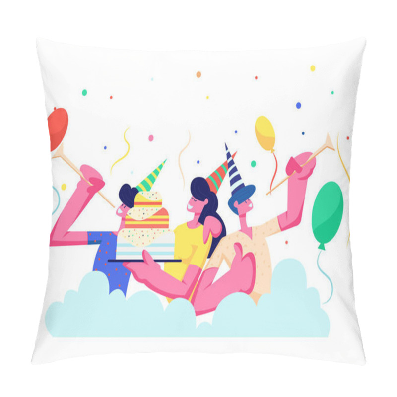 Personality  Birthday Party. Group Of Cheerful People In Festive Hats Playing Pipes Celebrating Holiday On Colorful Background With Cake, Balloons And Confetti, Men, Women Rejoice. Cartoon Flat Vector Illustration Pillow Covers